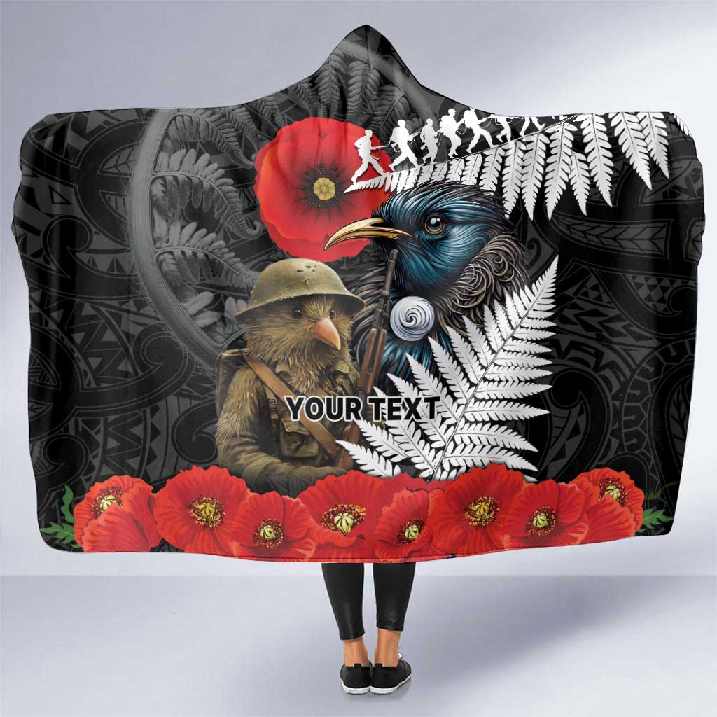 Kiwi-Tui Bird Soldier ANZAC Day Personalised Hooded Blanket Maori Silver Fern Motif LT9 One Size Black - Polynesian Pride