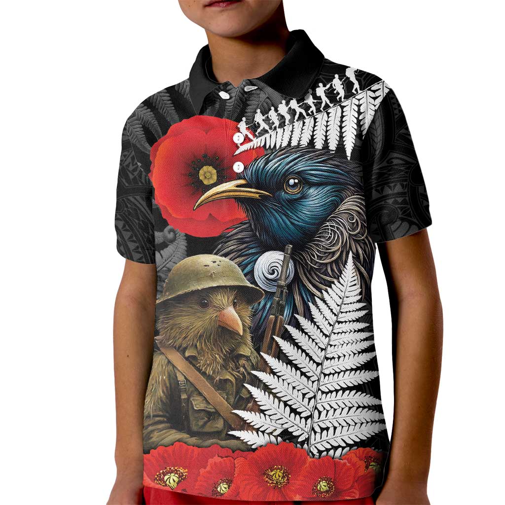 Kiwi-Tui Bird Soldier ANZAC Day Personalised Kid Polo Shirt Maori Silver Fern Motif LT9 Kid Black - Polynesian Pride