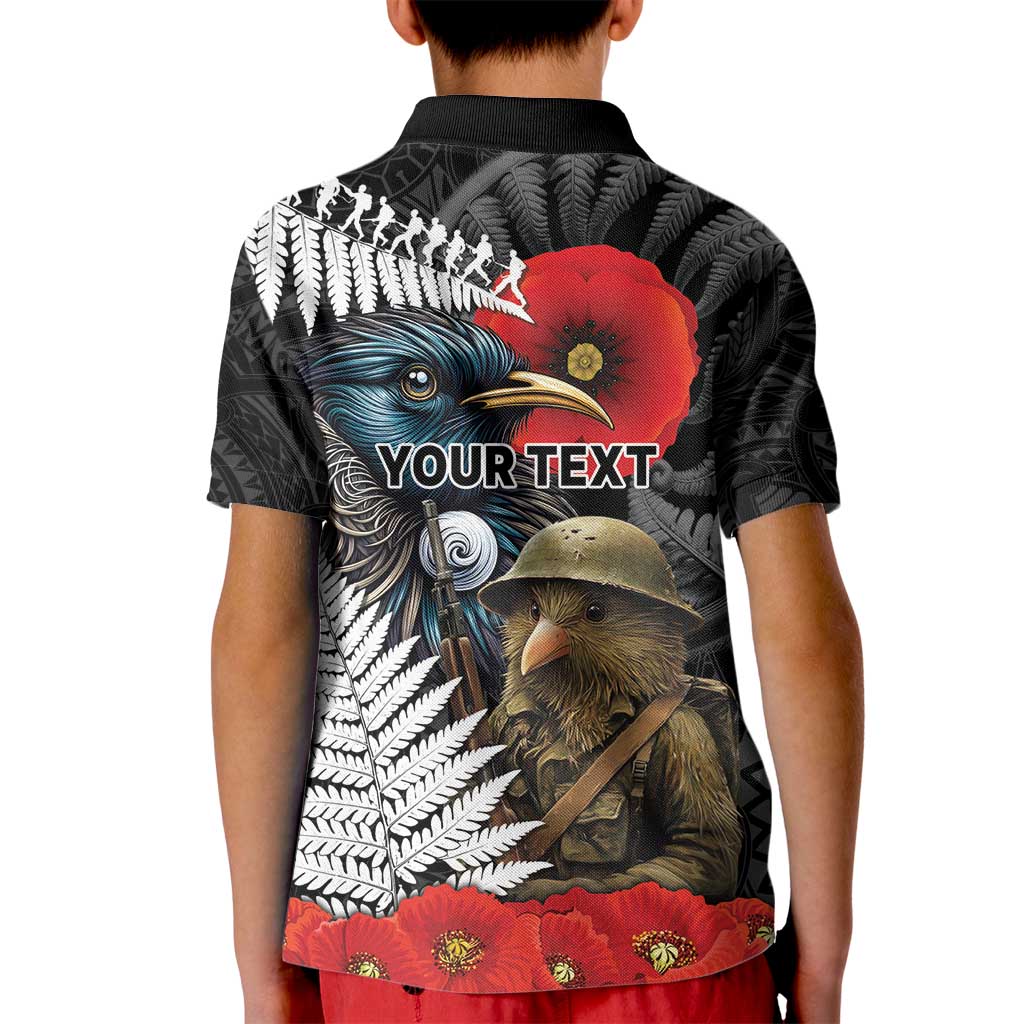 Kiwi-Tui Bird Soldier ANZAC Day Personalised Kid Polo Shirt Maori Silver Fern Motif LT9 - Polynesian Pride