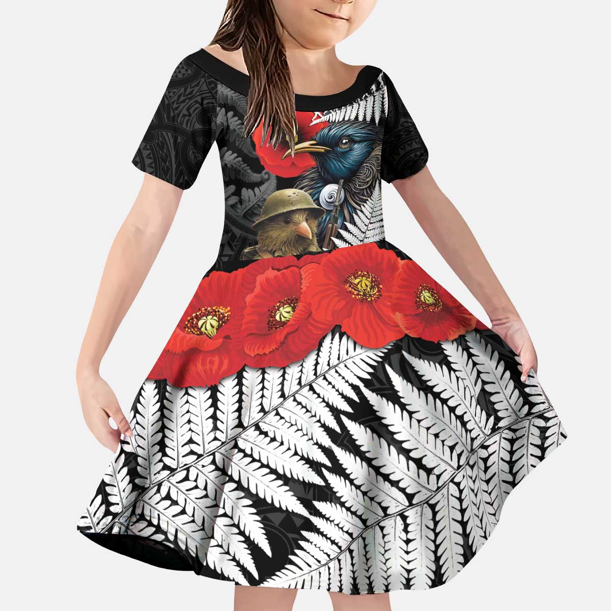 Kiwi-Tui Bird Soldier ANZAC Day Personalised Kid Short Sleeve Dress Maori Silver Fern Motif LT9 KID Black - Polynesian Pride