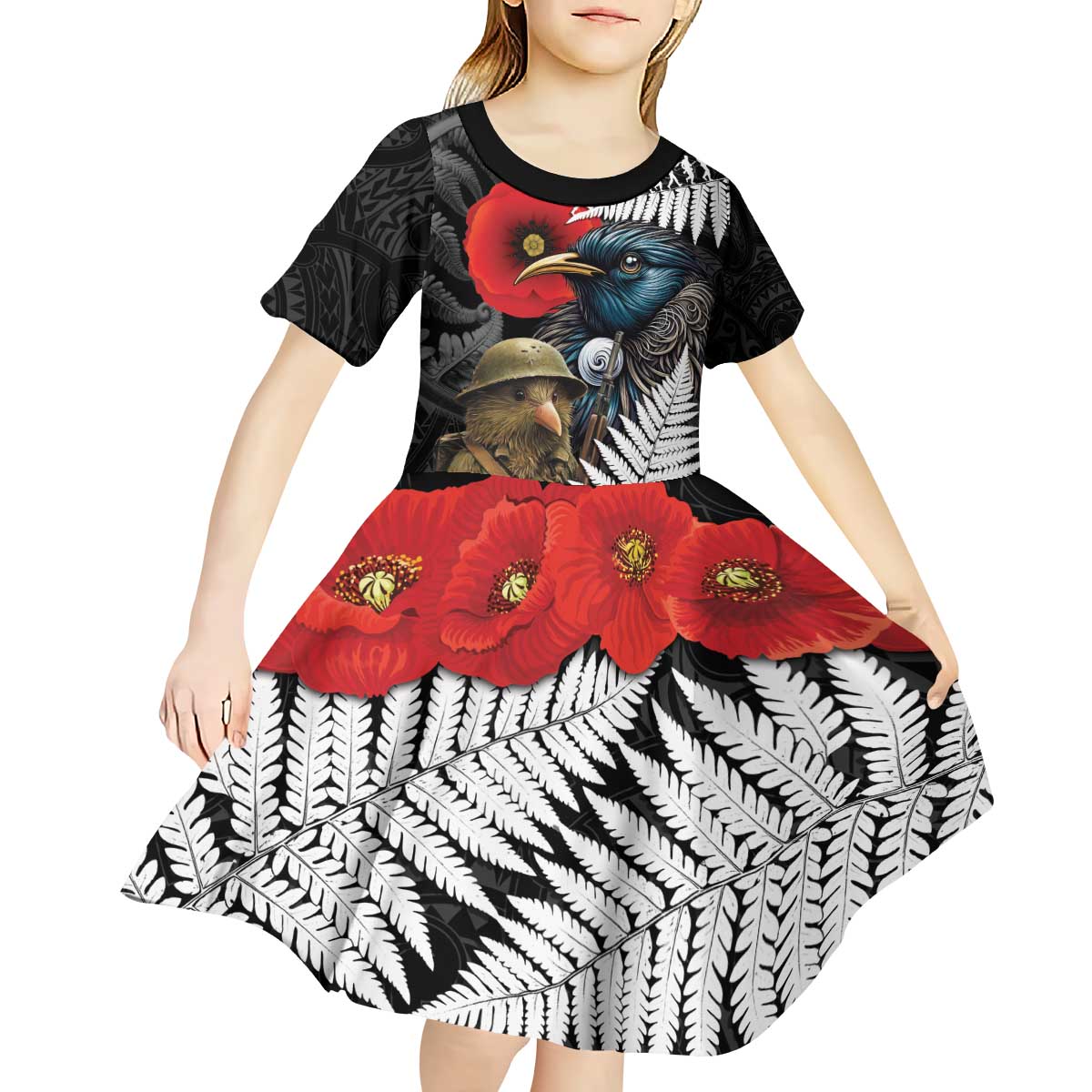 Kiwi-Tui Bird Soldier ANZAC Day Personalised Kid Short Sleeve Dress Maori Silver Fern Motif LT9 - Polynesian Pride