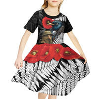 Kiwi-Tui Bird Soldier ANZAC Day Personalised Kid Short Sleeve Dress Maori Silver Fern Motif LT9 - Polynesian Pride