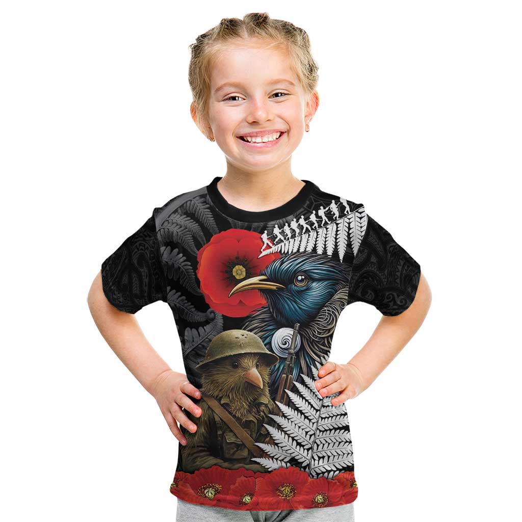 Kiwi-Tui Bird Soldier ANZAC Day Personalised Kid T Shirt Maori Silver Fern Motif LT9 Black - Polynesian Pride