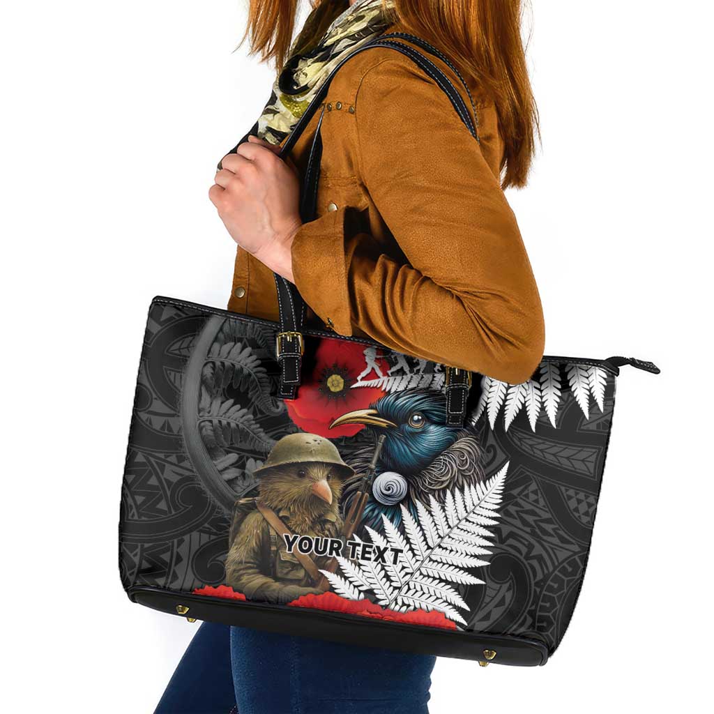 Kiwi-Tui Bird Soldier ANZAC Day Personalised Leather Tote Bag Maori Silver Fern Motif LT9 Black - Polynesian Pride