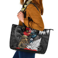 Kiwi-Tui Bird Soldier ANZAC Day Personalised Leather Tote Bag Maori Silver Fern Motif LT9 Black - Polynesian Pride
