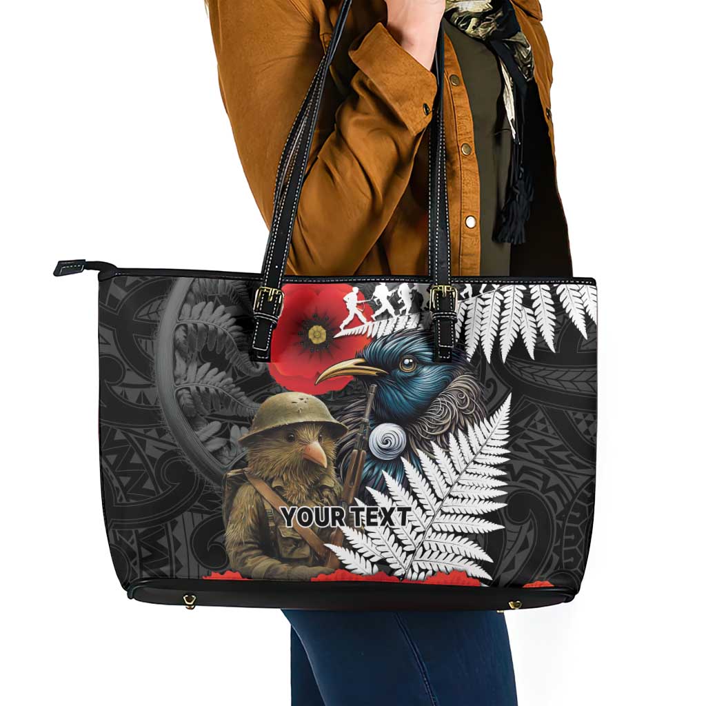 Kiwi-Tui Bird Soldier ANZAC Day Personalised Leather Tote Bag Maori Silver Fern Motif LT9 - Polynesian Pride