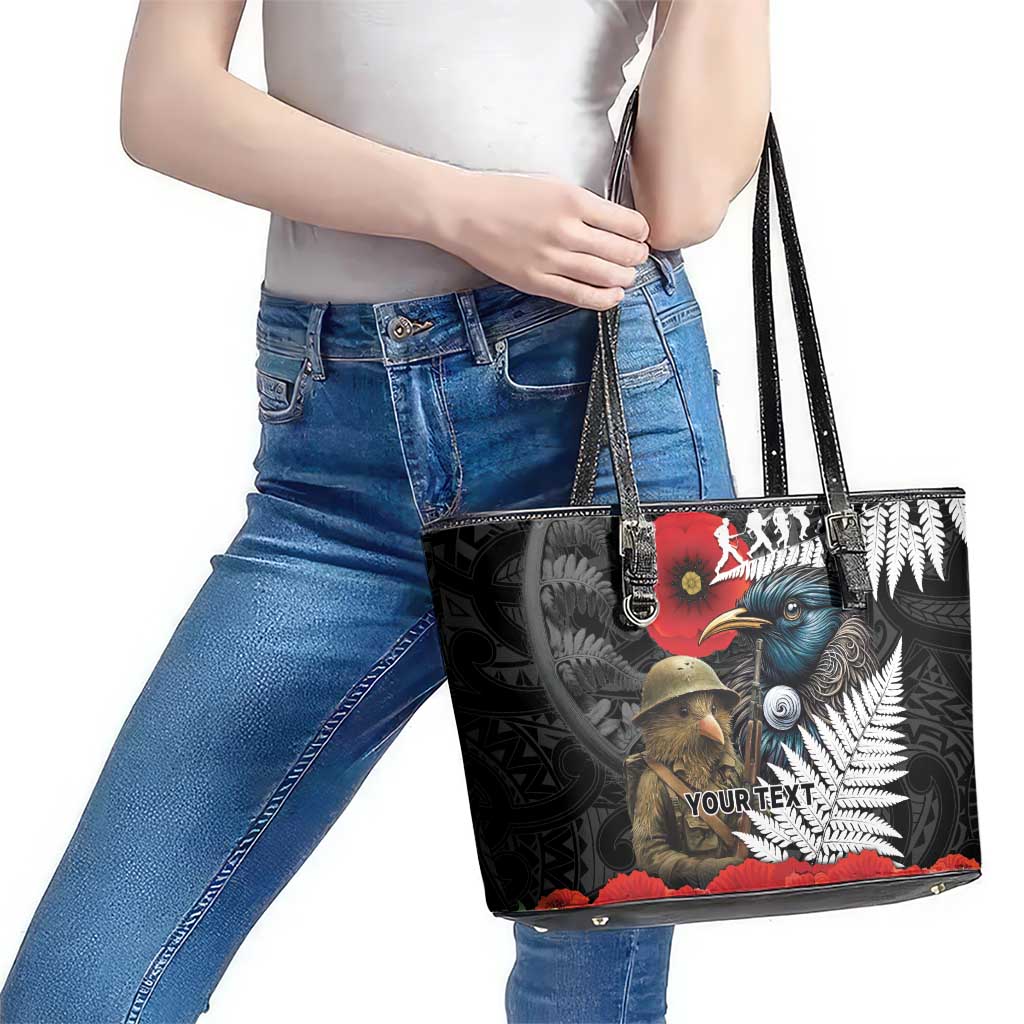 Kiwi-Tui Bird Soldier ANZAC Day Personalised Leather Tote Bag Maori Silver Fern Motif LT9 - Polynesian Pride