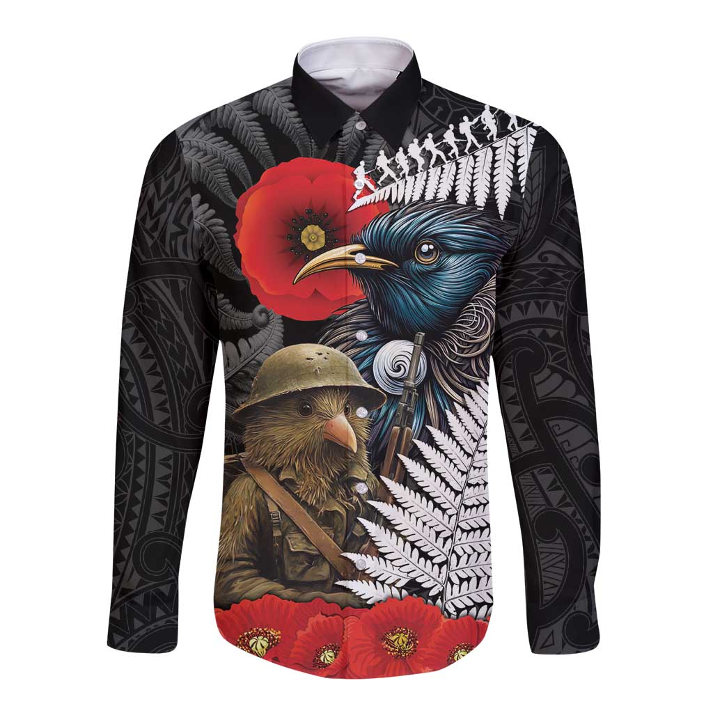 Kiwi-Tui Bird Soldier ANZAC Day Personalised Long Sleeve Button Shirt Maori Silver Fern Motif LT9 Unisex Black - Polynesian Pride