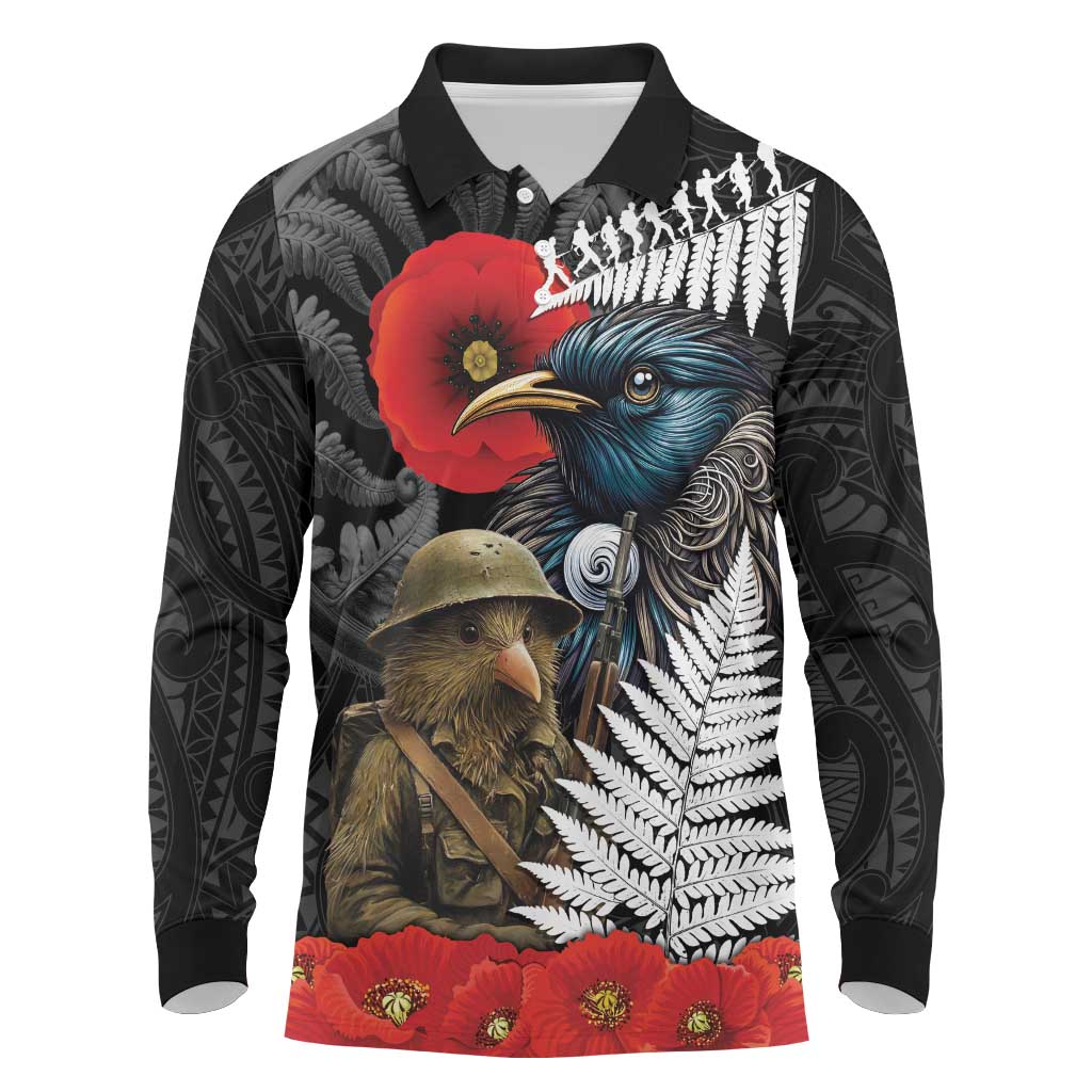 Kiwi-Tui Bird Soldier ANZAC Day Personalised Long Sleeve Polo Shirt Maori Silver Fern Motif LT9 Black - Polynesian Pride