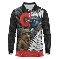 Kiwi-Tui Bird Soldier ANZAC Day Personalised Long Sleeve Polo Shirt Maori Silver Fern Motif LT9 Black - Polynesian Pride