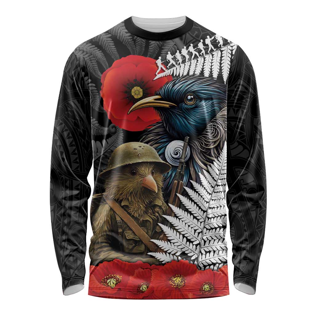 Kiwi-Tui Bird Soldier ANZAC Day Personalised Long Sleeve Shirt Maori Silver Fern Motif LT9 Unisex Black - Polynesian Pride