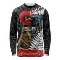 Kiwi-Tui Bird Soldier ANZAC Day Personalised Long Sleeve Shirt Maori Silver Fern Motif LT9 Unisex Black - Polynesian Pride