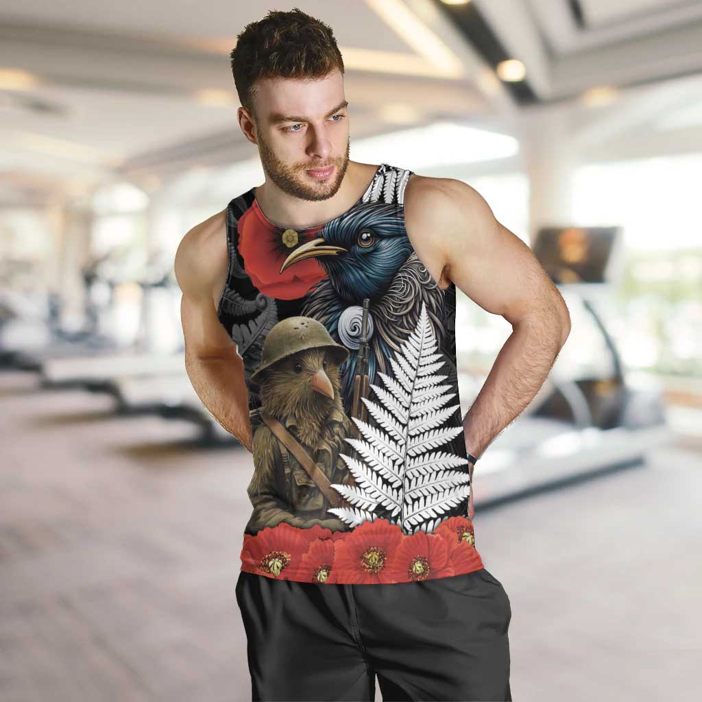 Kiwi-Tui Bird Soldier ANZAC Day Personalised Men Tank Top Maori Silver Fern Motif LT9 Black - Polynesian Pride