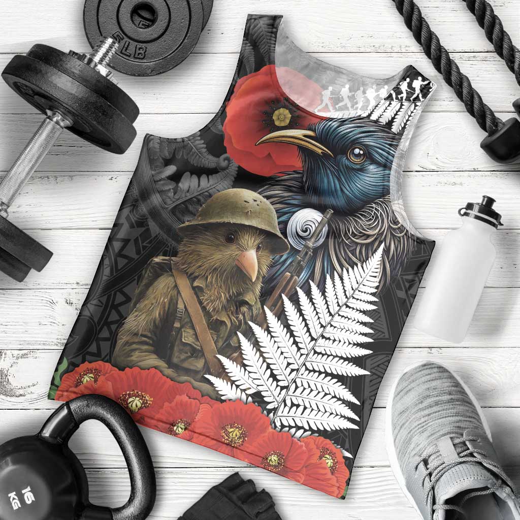 Kiwi-Tui Bird Soldier ANZAC Day Personalised Men Tank Top Maori Silver Fern Motif LT9 - Polynesian Pride