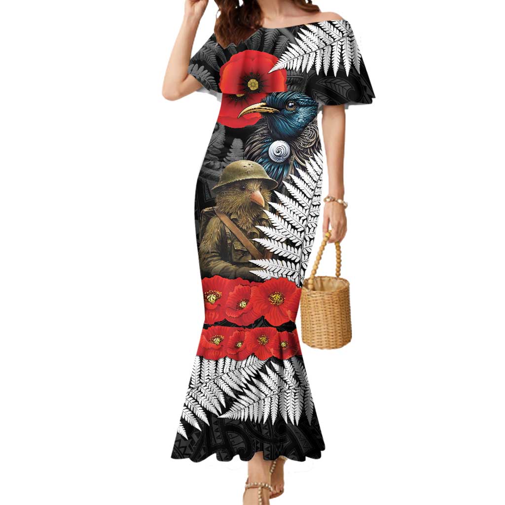 Kiwi-Tui Bird Soldier ANZAC Day Personalised Mermaid Dress Maori Silver Fern Motif LT9 Women Black - Polynesian Pride