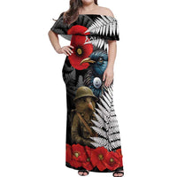 Kiwi-Tui Bird Soldier ANZAC Day Personalised Off Shoulder Maxi Dress Maori Silver Fern Motif LT9 Women Black - Polynesian Pride