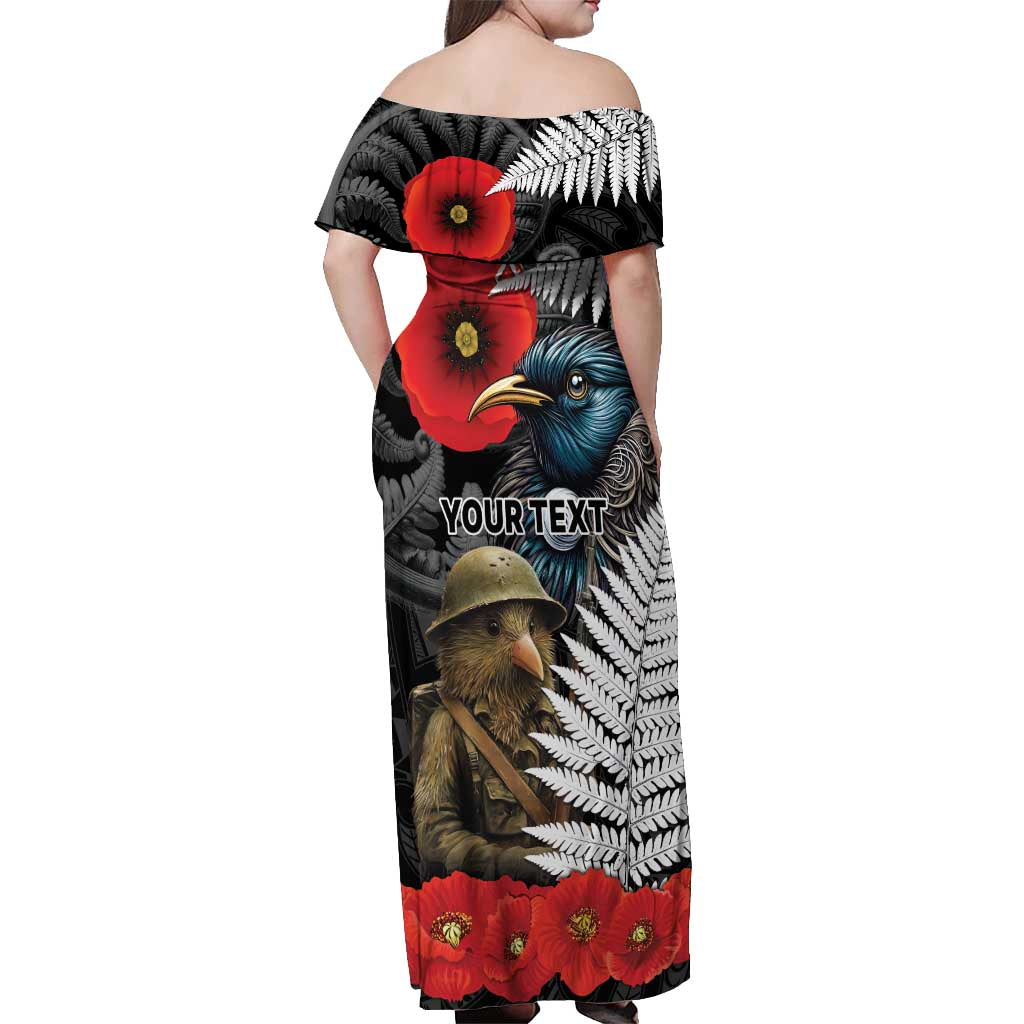 Kiwi-Tui Bird Soldier ANZAC Day Personalised Off Shoulder Maxi Dress Maori Silver Fern Motif LT9 - Polynesian Pride