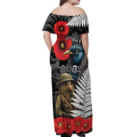 Kiwi-Tui Bird Soldier ANZAC Day Personalised Off Shoulder Maxi Dress Maori Silver Fern Motif LT9 - Polynesian Pride