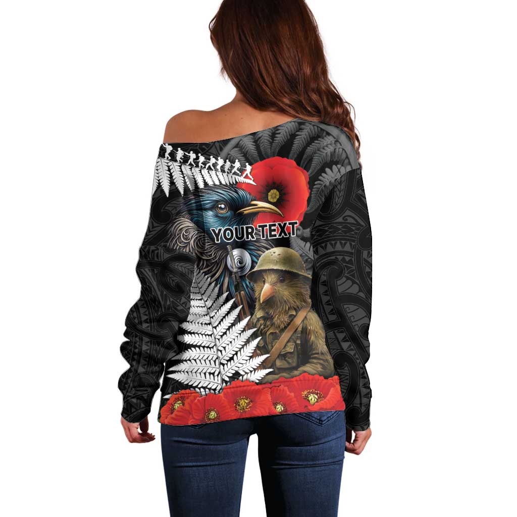 Kiwi-Tui Bird Soldier ANZAC Day Personalised Off Shoulder Sweater Maori Silver Fern Motif LT9 - Polynesian Pride