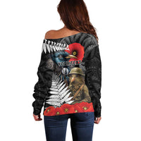 Kiwi-Tui Bird Soldier ANZAC Day Personalised Off Shoulder Sweater Maori Silver Fern Motif LT9 - Polynesian Pride