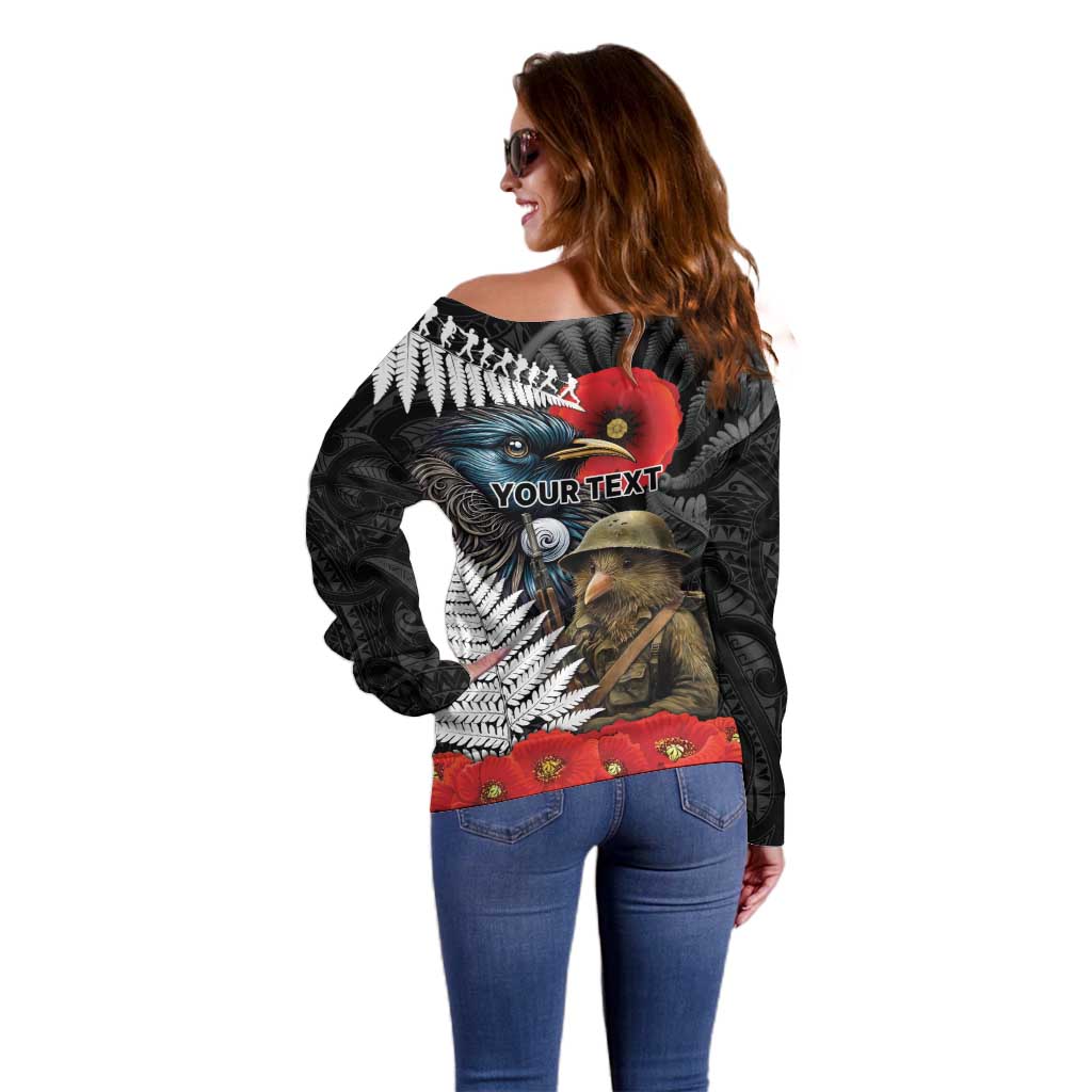 Kiwi-Tui Bird Soldier ANZAC Day Personalised Off Shoulder Sweater Maori Silver Fern Motif LT9 - Polynesian Pride