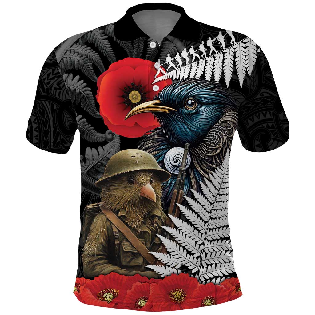 Kiwi-Tui Bird Soldier ANZAC Day Personalised Polo Shirt Maori Silver Fern Motif LT9 Black - Polynesian Pride