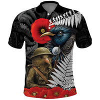 Kiwi-Tui Bird Soldier ANZAC Day Personalised Polo Shirt Maori Silver Fern Motif LT9 Black - Polynesian Pride