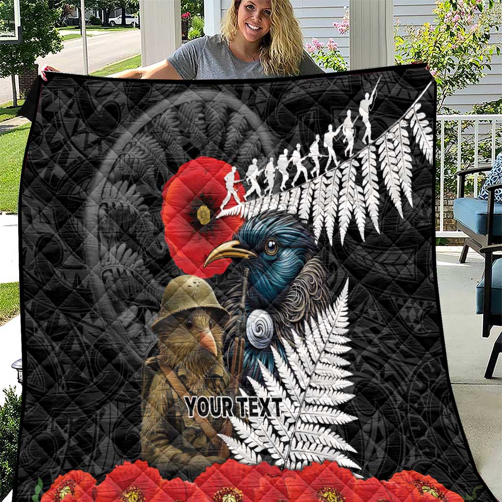 Kiwi-Tui Bird Soldier ANZAC Day Personalised Quilt Maori Silver Fern Motif LT9 Black - Polynesian Pride