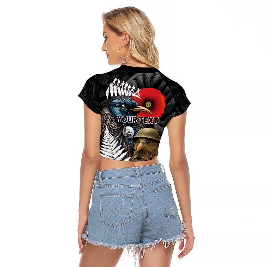 Kiwi-Tui Bird Soldier ANZAC Day Personalised Raglan Cropped T Shirt Maori Silver Fern Motif LT9 - Polynesian Pride