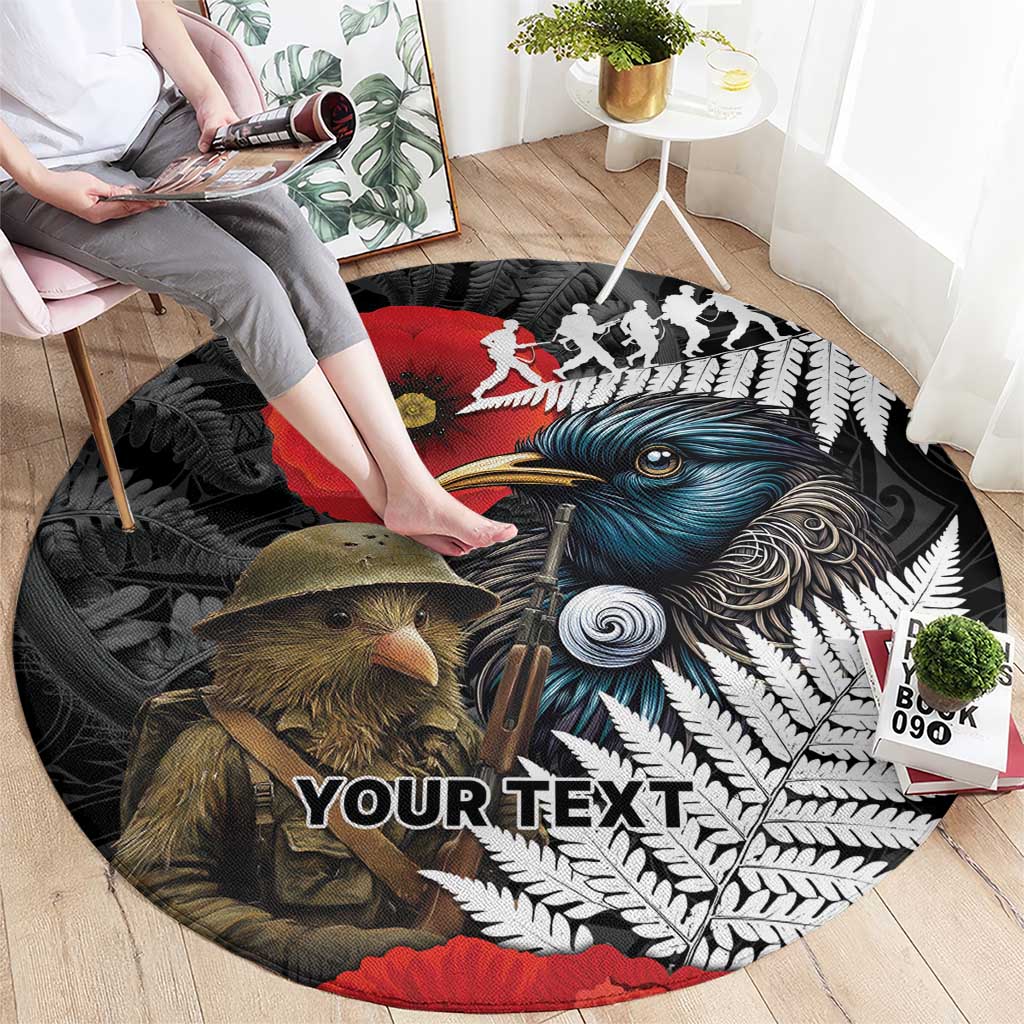 Kiwi-Tui Bird Soldier ANZAC Day Personalised Round Carpet Maori Silver Fern Motif LT9 - Polynesian Pride