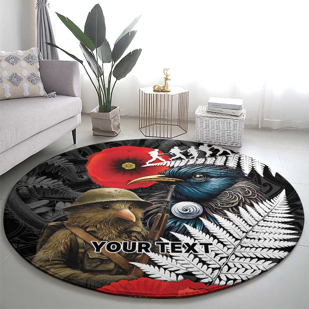 Kiwi-Tui Bird Soldier ANZAC Day Personalised Round Carpet Maori Silver Fern Motif LT9 - Polynesian Pride