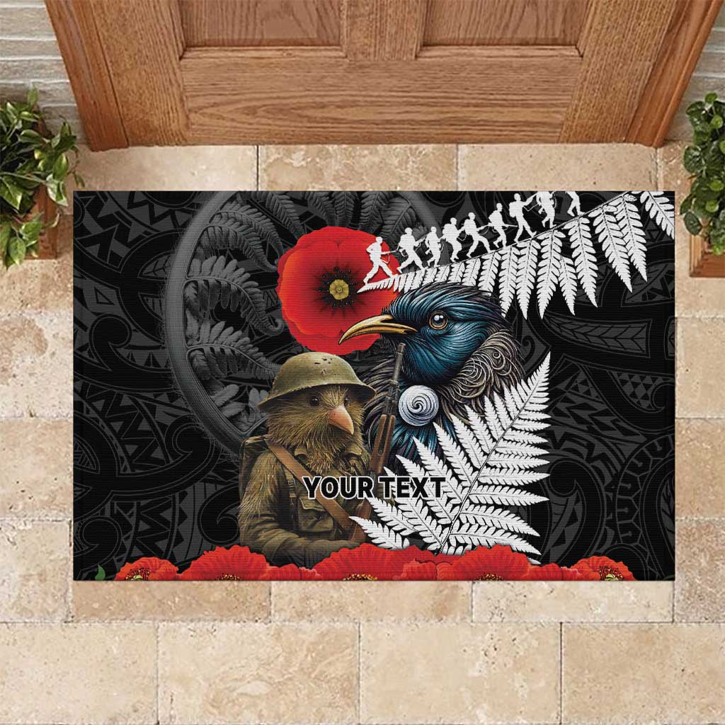 Kiwi-Tui Bird Soldier ANZAC Day Personalised Rubber Doormat Maori Silver Fern Motif LT9 Black - Polynesian Pride