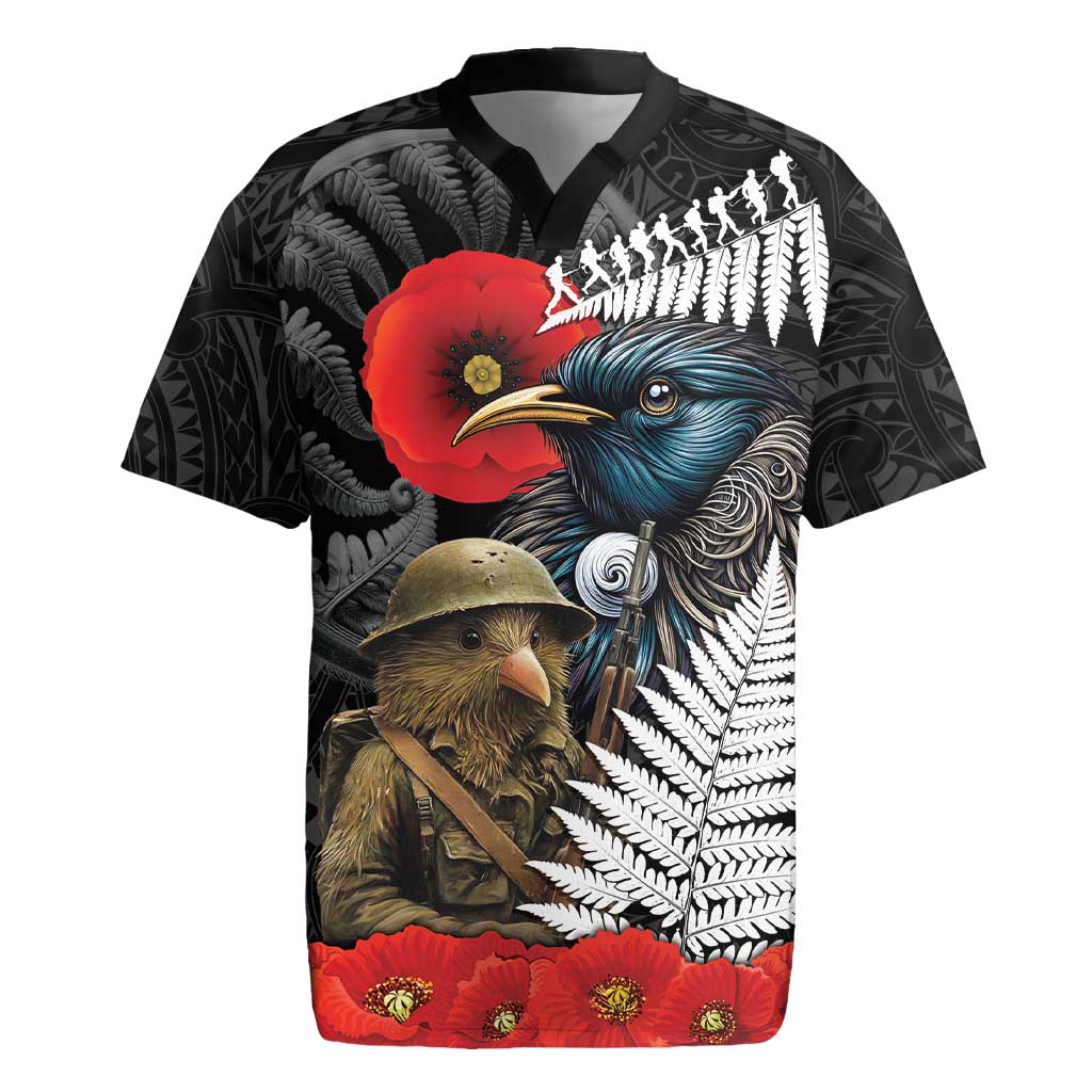 Kiwi-Tui Bird Soldier ANZAC Day Personalised Rugby Jersey Maori Silver Fern Motif LT9 Black - Polynesian Pride