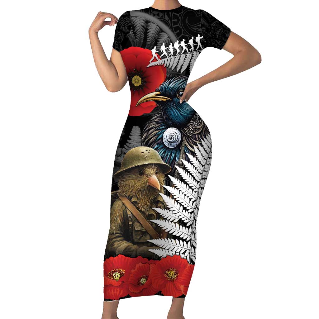 Kiwi-Tui Bird Soldier ANZAC Day Personalised Short Sleeve Bodycon Dress Maori Silver Fern Motif LT9 Long Dress Black - Polynesian Pride