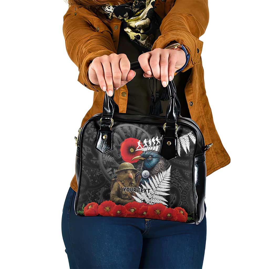Kiwi-Tui Bird Soldier ANZAC Day Personalised Shoulder Handbag Maori Silver Fern Motif LT9 One Size Black - Polynesian Pride