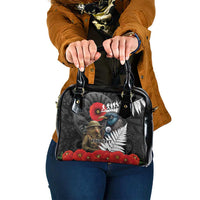 Kiwi-Tui Bird Soldier ANZAC Day Personalised Shoulder Handbag Maori Silver Fern Motif LT9 One Size Black - Polynesian Pride