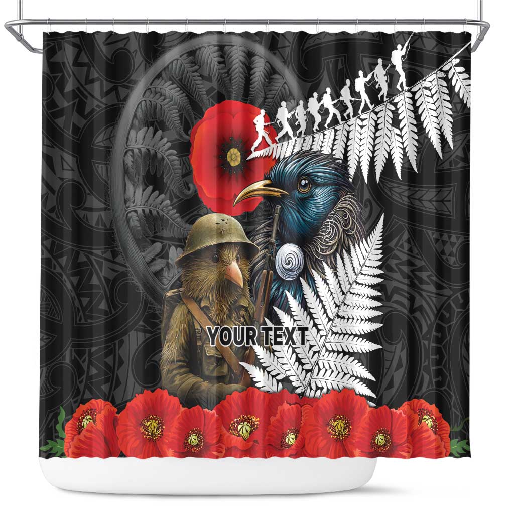Kiwi-Tui Bird Soldier ANZAC Day Personalised Shower Curtain Maori Silver Fern Motif LT9 Black - Polynesian Pride
