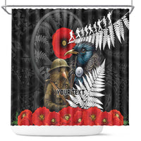 Kiwi-Tui Bird Soldier ANZAC Day Personalised Shower Curtain Maori Silver Fern Motif LT9 Black - Polynesian Pride