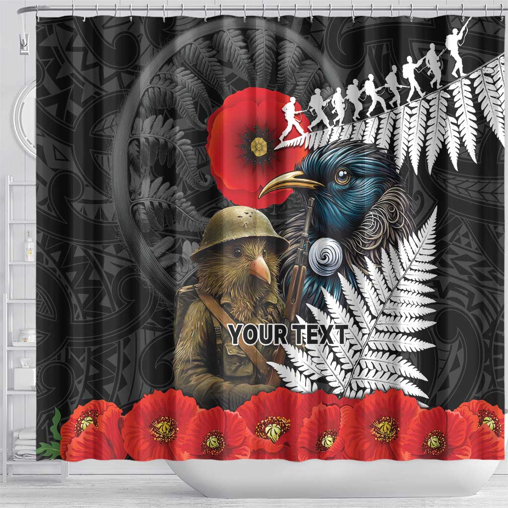 Kiwi-Tui Bird Soldier ANZAC Day Personalised Shower Curtain Maori Silver Fern Motif LT9 - Polynesian Pride