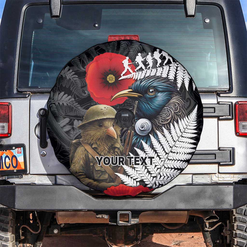 Kiwi-Tui Bird Soldier ANZAC Day Personalised Spare Tire Cover Maori Silver Fern Motif LT9 Black - Polynesian Pride