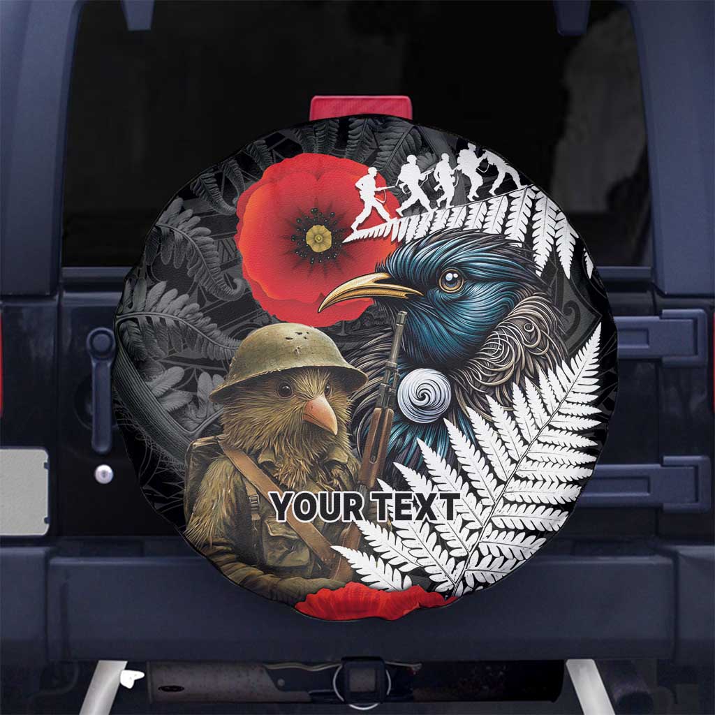 Kiwi-Tui Bird Soldier ANZAC Day Personalised Spare Tire Cover Maori Silver Fern Motif LT9 No hole Black - Polynesian Pride