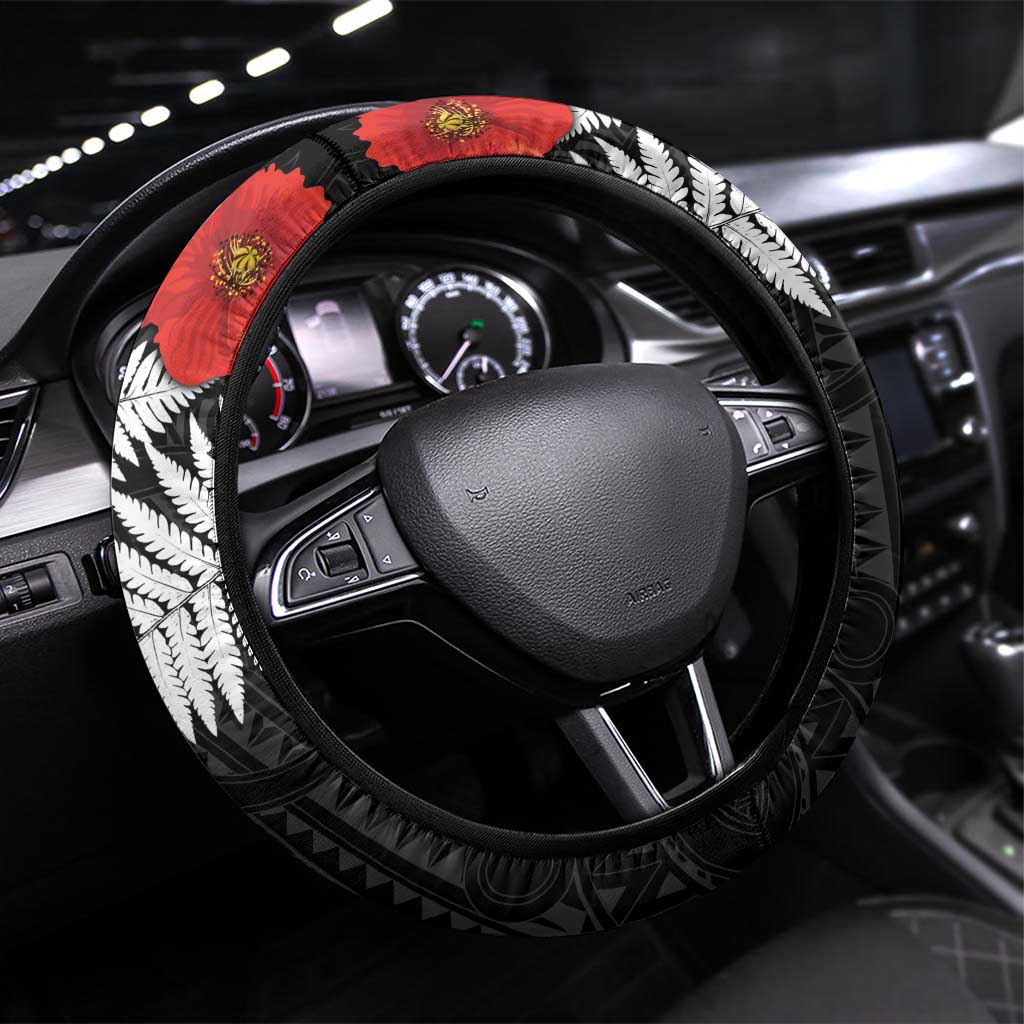 Kiwi-Tui Bird Soldier ANZAC Day Steering Wheel Cover Maori Silver Fern Motif LT9 Universal Fit Black - Polynesian Pride