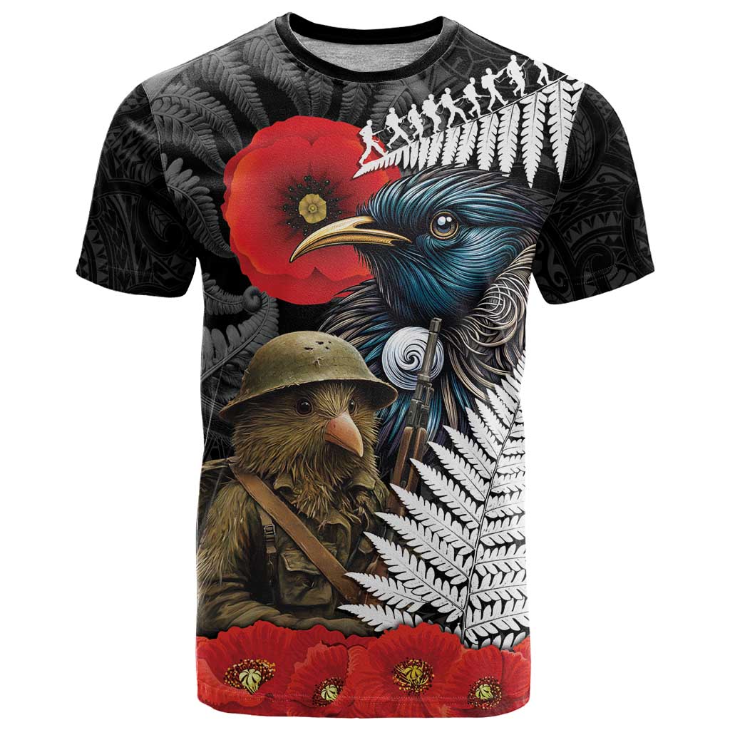 Kiwi-Tui Bird Soldier ANZAC Day Personalised T Shirt Maori Silver Fern Motif LT9 Black - Polynesian Pride
