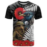 Kiwi-Tui Bird Soldier ANZAC Day Personalised T Shirt Maori Silver Fern Motif LT9 Black - Polynesian Pride