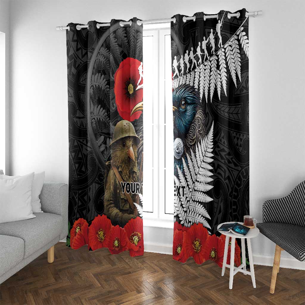 Kiwi-Tui Bird Soldier ANZAC Day Personalised Window Curtain Maori Silver Fern Motif LT9 With Grommets Black - Polynesian Pride