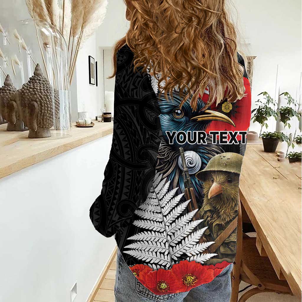 Kiwi-Tui Bird Soldier ANZAC Day Personalised Women Casual Shirt Maori Silver Fern Motif LT9 - Polynesian Pride