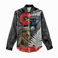 Kiwi-Tui Bird Soldier ANZAC Day Personalised Women Casual Shirt Maori Silver Fern Motif LT9 - Polynesian Pride