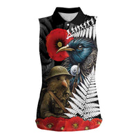 Kiwi-Tui Bird Soldier ANZAC Day Personalised Women Sleeveless Polo Shirt Maori Silver Fern Motif LT9 Female Black - Polynesian Pride