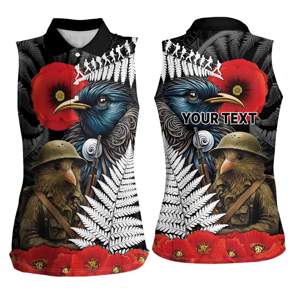 Kiwi-Tui Bird Soldier ANZAC Day Personalised Women Sleeveless Polo Shirt Maori Silver Fern Motif LT9 - Polynesian Pride