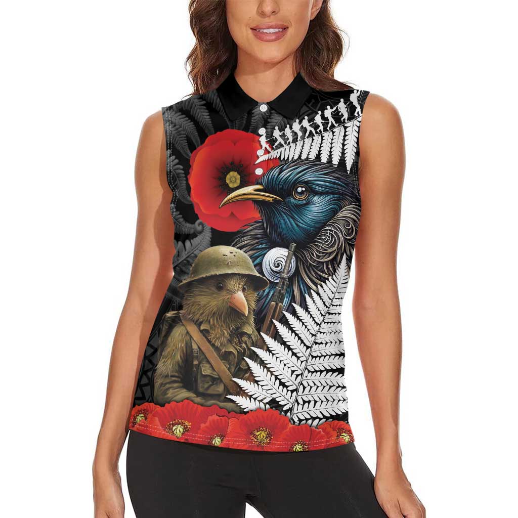 Kiwi-Tui Bird Soldier ANZAC Day Personalised Women Sleeveless Polo Shirt Maori Silver Fern Motif LT9 - Polynesian Pride